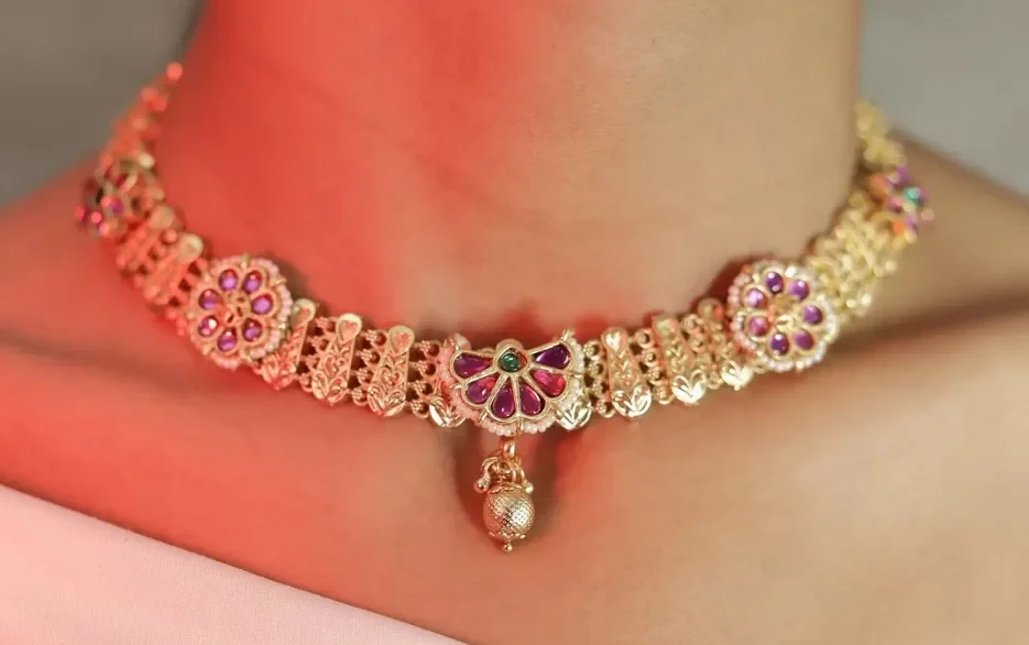 Gold Pink Meenakari Collar Necklace